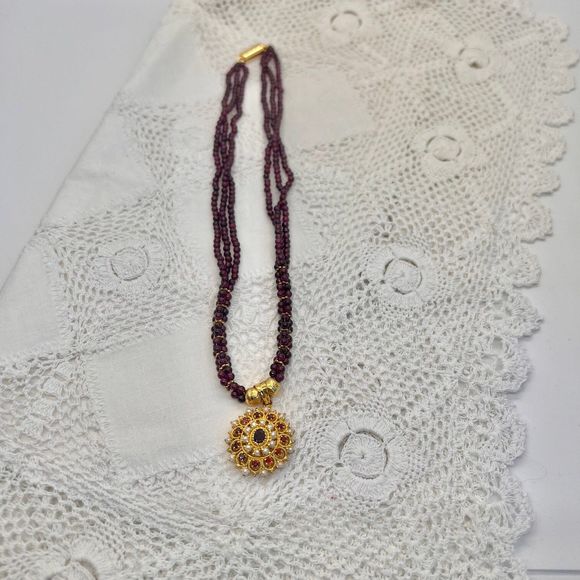 Vintage Plum Color Garnet Necklace with Garnet Tone Rhinestones &  Faux Pearls - Picture 7 of 10